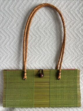 NWOT Vintage East Additions Green Bamboo Slat Purse Hot Pink Boho Resort Bag